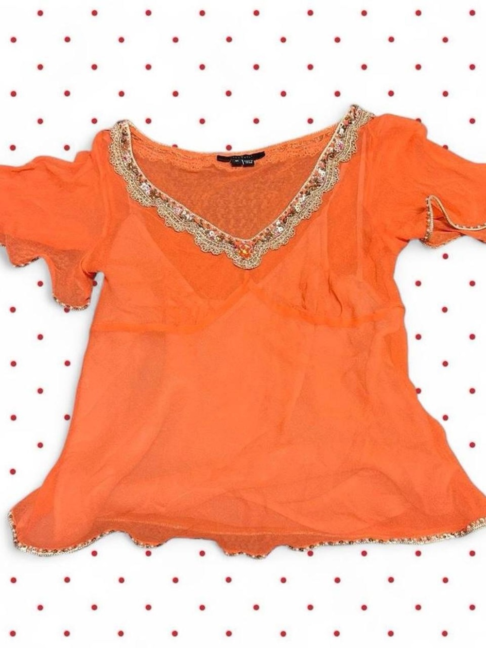 ECI Orange V-Neck Embellished Short Sleeve Top